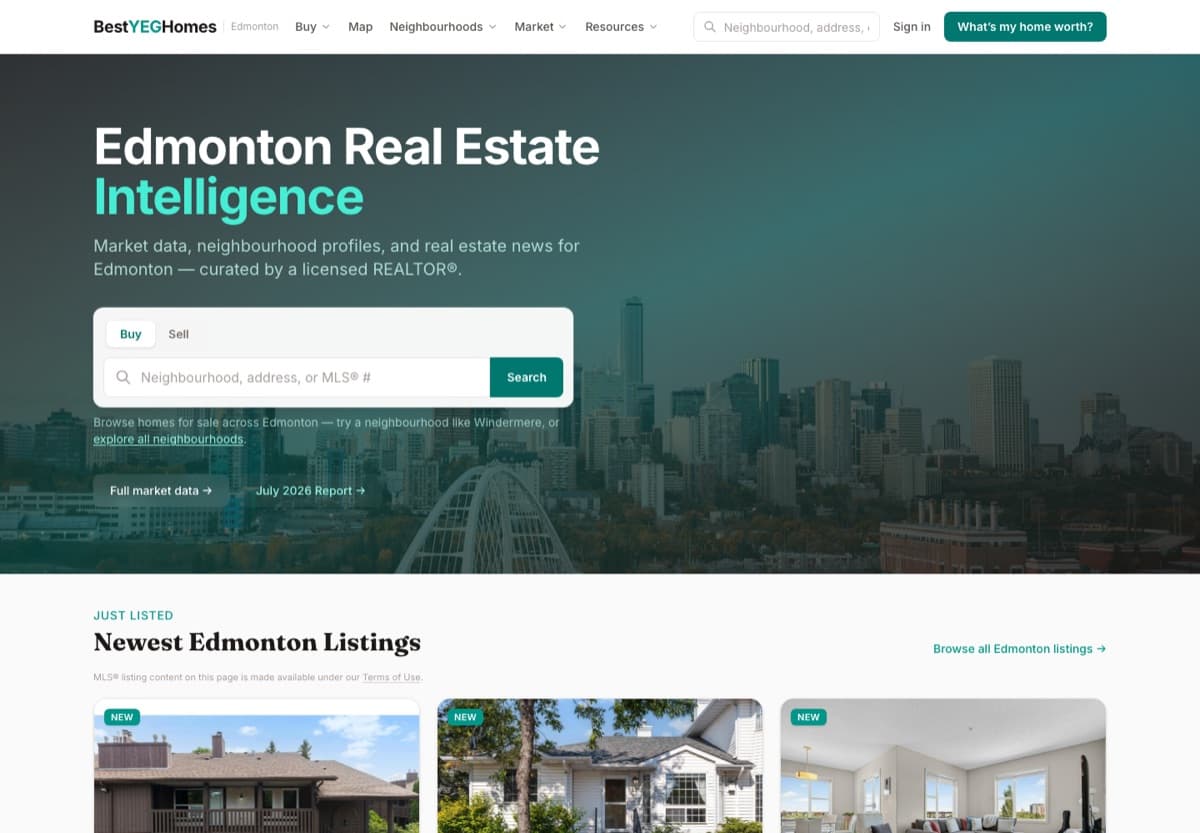 bestyeghomes.com home page: Edmonton Real Estate Intelligence — market data, neighbourhood profiles, and listings